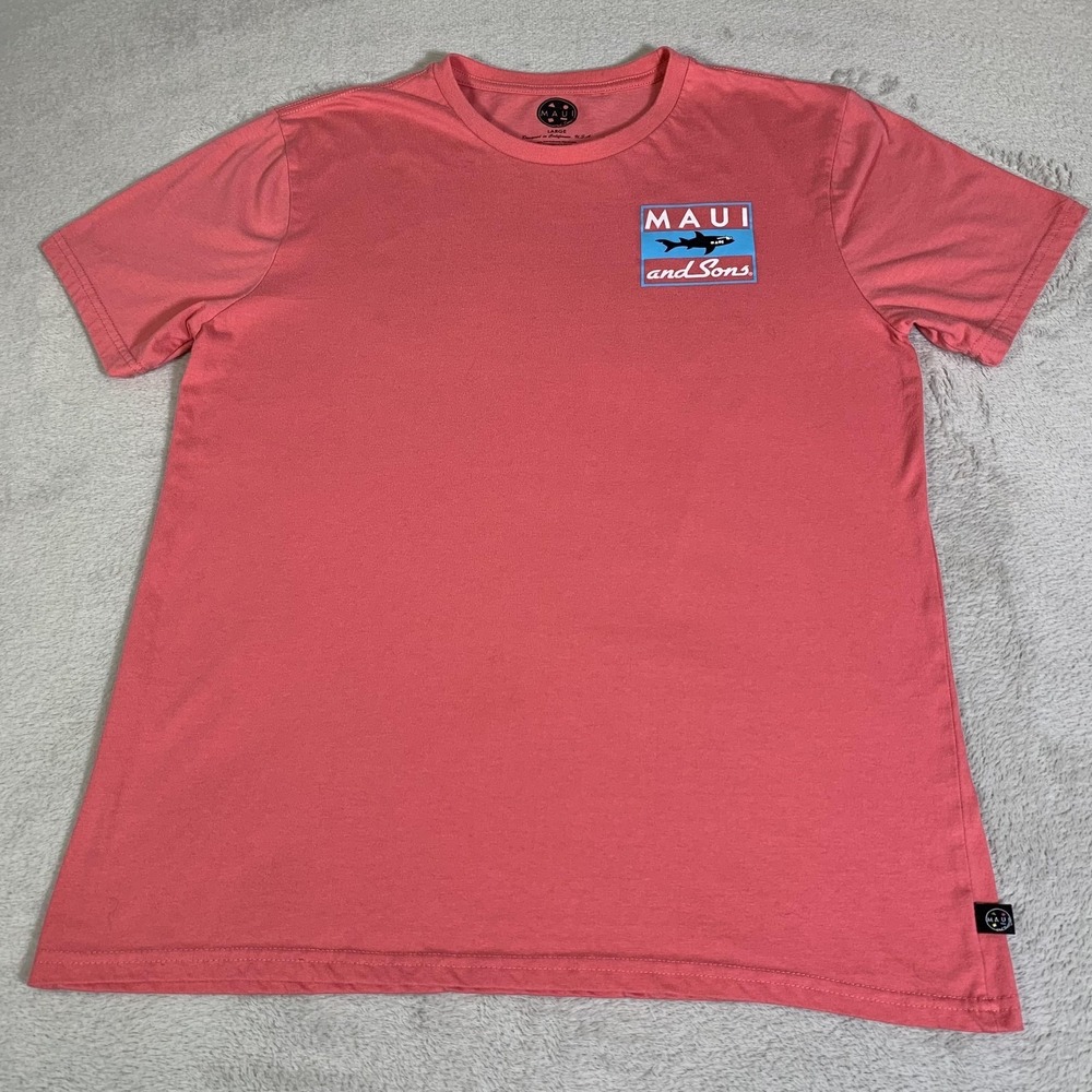Maui And Sons Shirt Mens Large Pink Shark‎ Surf Logo Graphic Tee Beach Hawaiian